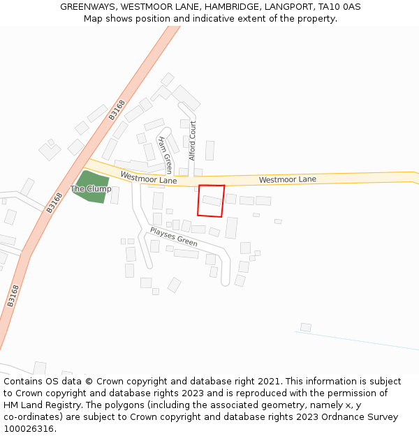 GREENWAYS, WESTMOOR LANE, HAMBRIDGE, LANGPORT, TA10 0AS: Location map and indicative extent of plot