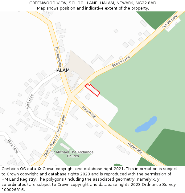 GREENWOOD VIEW, SCHOOL LANE, HALAM, NEWARK, NG22 8AD: Location map and indicative extent of plot