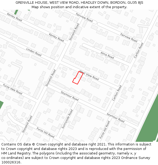 GRENVILLE HOUSE, WEST VIEW ROAD, HEADLEY DOWN, BORDON, GU35 8JS: Location map and indicative extent of plot