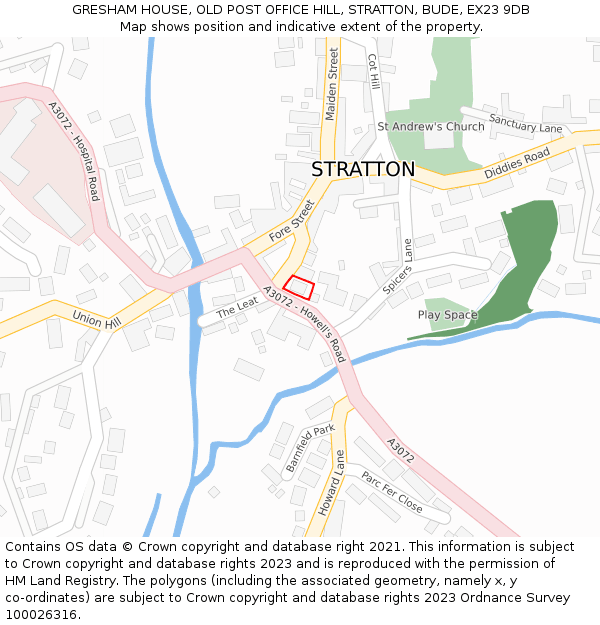 GRESHAM HOUSE, OLD POST OFFICE HILL, STRATTON, BUDE, EX23 9DB: Location map and indicative extent of plot