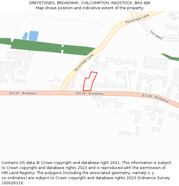 GREYSTONES, BROADWAY, CHILCOMPTON, RADSTOCK, BA3 4JW: Location map and indicative extent of plot