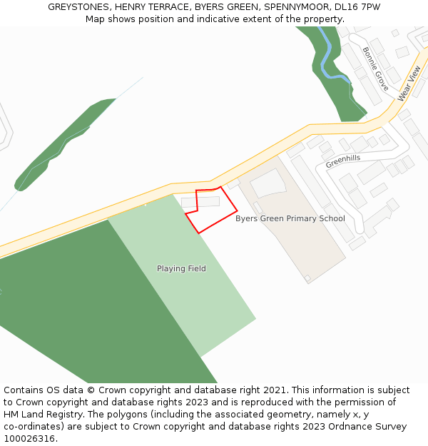 GREYSTONES, HENRY TERRACE, BYERS GREEN, SPENNYMOOR, DL16 7PW: Location map and indicative extent of plot