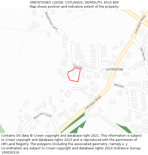 GREYSTONES LODGE, COTLANDS, SIDMOUTH, EX10 8SP: Location map and indicative extent of plot