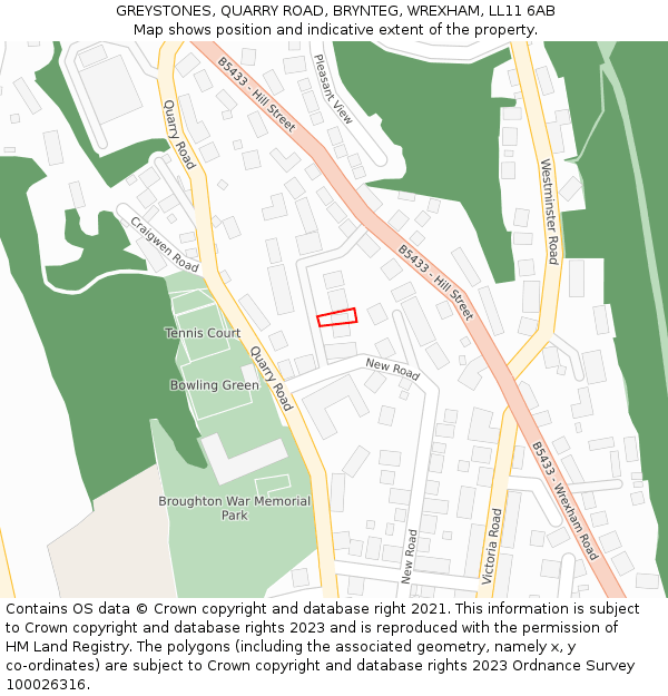 GREYSTONES, QUARRY ROAD, BRYNTEG, WREXHAM, LL11 6AB: Location map and indicative extent of plot