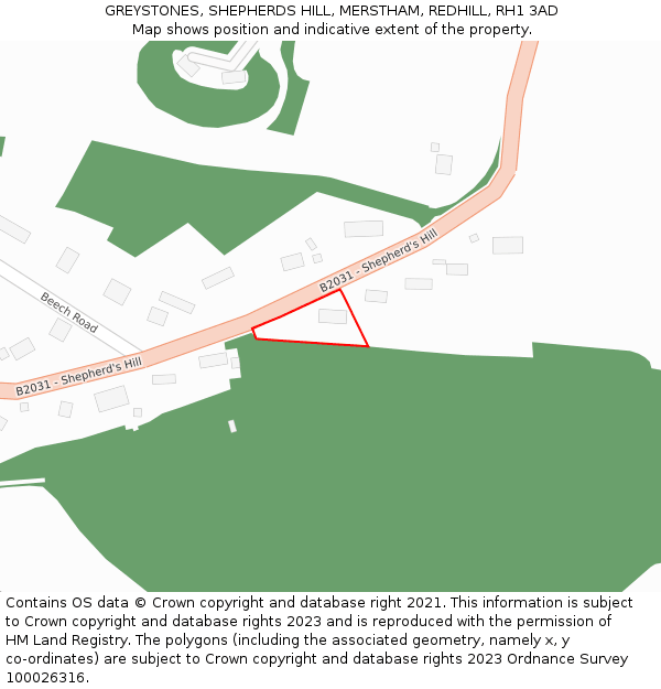 GREYSTONES, SHEPHERDS HILL, MERSTHAM, REDHILL, RH1 3AD: Location map and indicative extent of plot