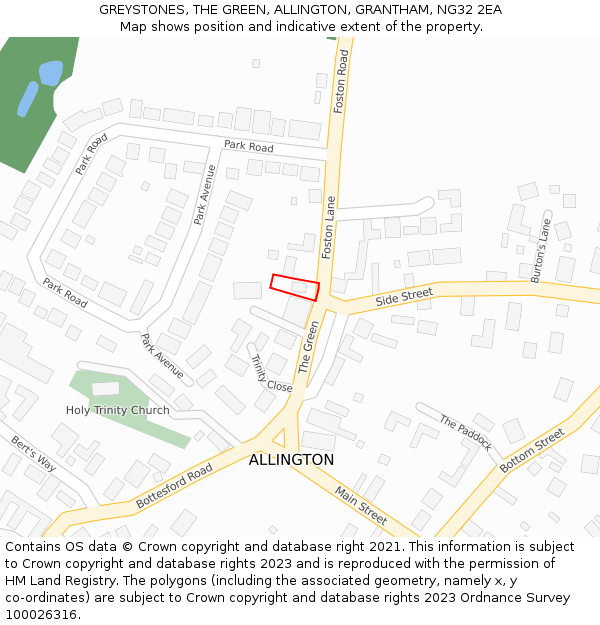 GREYSTONES, THE GREEN, ALLINGTON, GRANTHAM, NG32 2EA: Location map and indicative extent of plot
