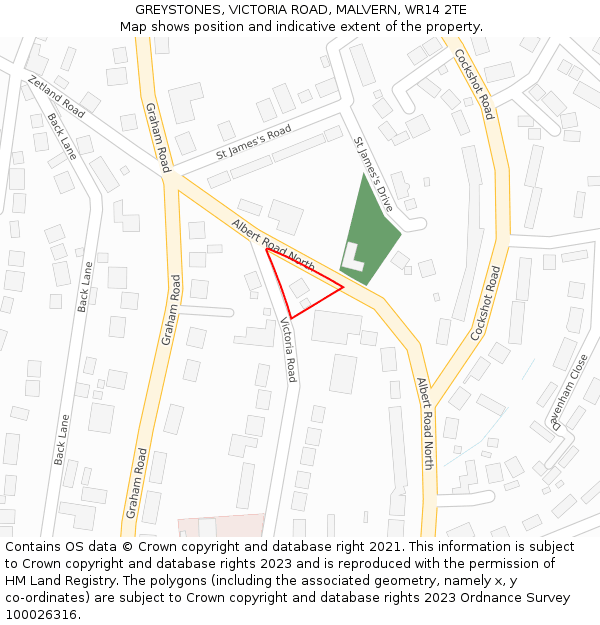 GREYSTONES, VICTORIA ROAD, MALVERN, WR14 2TE: Location map and indicative extent of plot