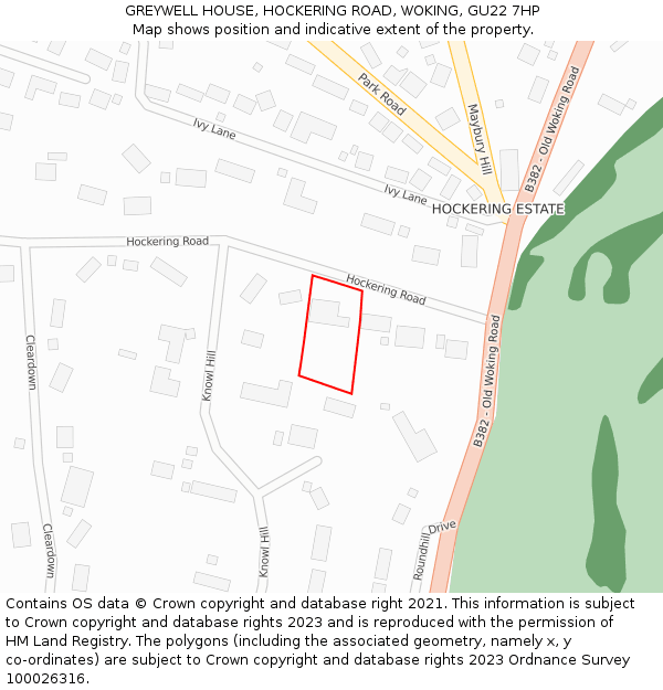 GREYWELL HOUSE, HOCKERING ROAD, WOKING, GU22 7HP: Location map and indicative extent of plot