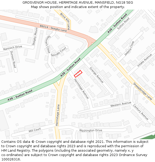 GROSVENOR HOUSE, HERMITAGE AVENUE, MANSFIELD, NG18 5EG: Location map and indicative extent of plot