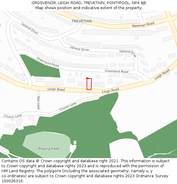 GROSVENOR, LEIGH ROAD, TREVETHIN, PONTYPOOL, NP4 8JE: Location map and indicative extent of plot