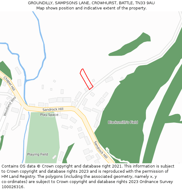 GROUNDILLY, SAMPSONS LANE, CROWHURST, BATTLE, TN33 9AU: Location map and indicative extent of plot