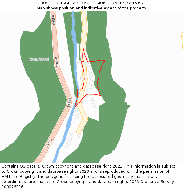 GROVE COTTAGE, ABERMULE, MONTGOMERY, SY15 6NL: Location map and indicative extent of plot