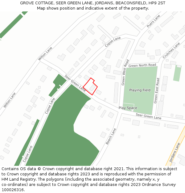 GROVE COTTAGE, SEER GREEN LANE, JORDANS, BEACONSFIELD, HP9 2ST: Location map and indicative extent of plot