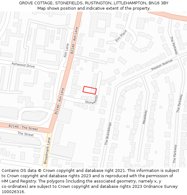 GROVE COTTAGE, STONEFIELDS, RUSTINGTON, LITTLEHAMPTON, BN16 3BY: Location map and indicative extent of plot