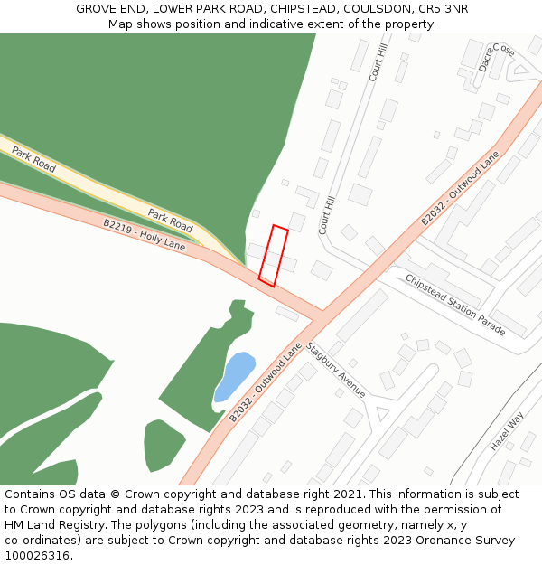 GROVE END, LOWER PARK ROAD, CHIPSTEAD, COULSDON, CR5 3NR: Location map and indicative extent of plot