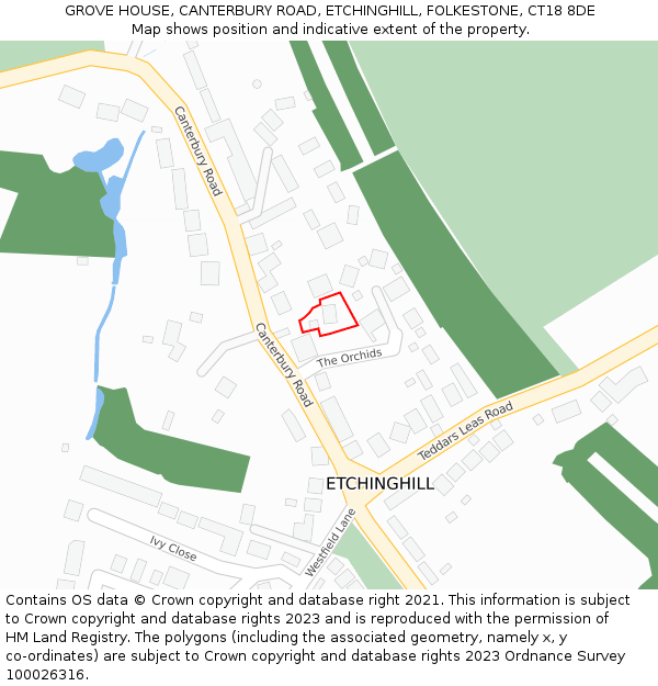 GROVE HOUSE, CANTERBURY ROAD, ETCHINGHILL, FOLKESTONE, CT18 8DE: Location map and indicative extent of plot