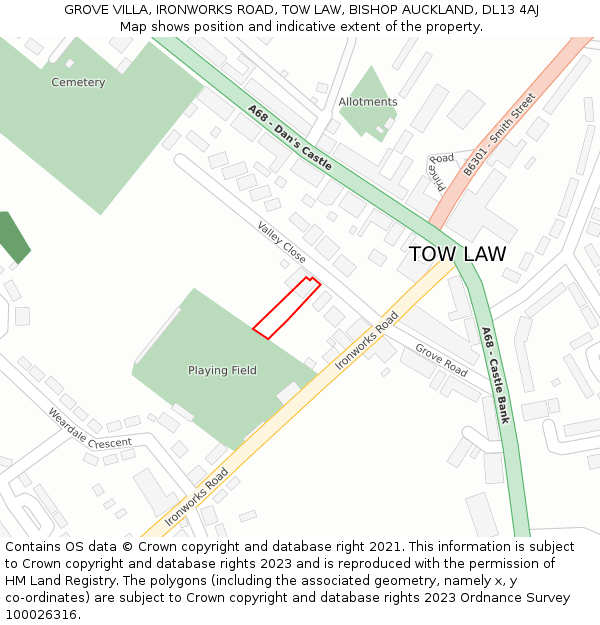 GROVE VILLA, IRONWORKS ROAD, TOW LAW, BISHOP AUCKLAND, DL13 4AJ: Location map and indicative extent of plot