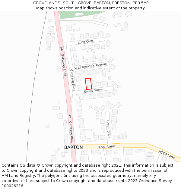 GROVELANDS, SOUTH GROVE, BARTON, PRESTON, PR3 5AP: Location map and indicative extent of plot