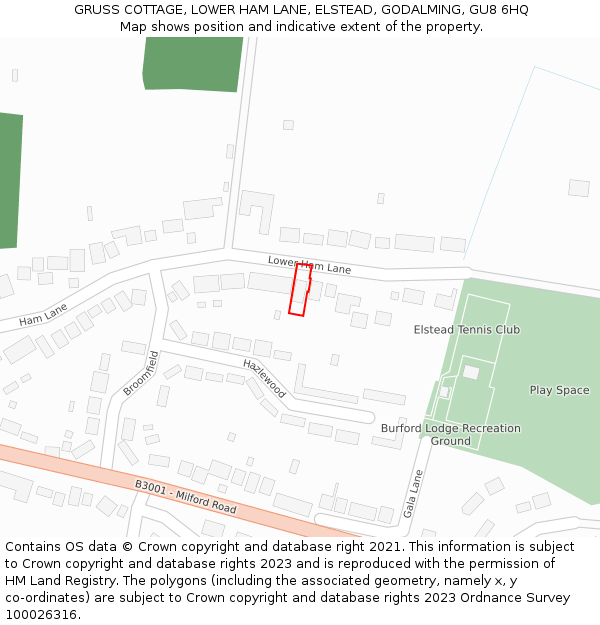 GRUSS COTTAGE, LOWER HAM LANE, ELSTEAD, GODALMING, GU8 6HQ: Location map and indicative extent of plot