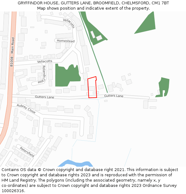 GRYFFINDOR HOUSE, GUTTERS LANE, BROOMFIELD, CHELMSFORD, CM1 7BT: Location map and indicative extent of plot