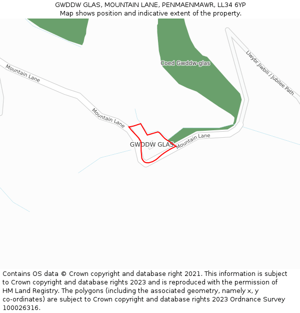 GWDDW GLAS, MOUNTAIN LANE, PENMAENMAWR, LL34 6YP: Location map and indicative extent of plot