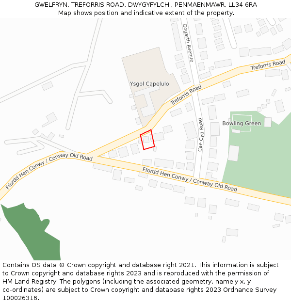 GWELFRYN, TREFORRIS ROAD, DWYGYFYLCHI, PENMAENMAWR, LL34 6RA: Location map and indicative extent of plot