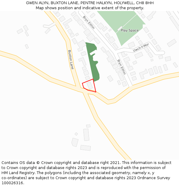 GWEN ALYN, BUXTON LANE, PENTRE HALKYN, HOLYWELL, CH8 8HH: Location map and indicative extent of plot