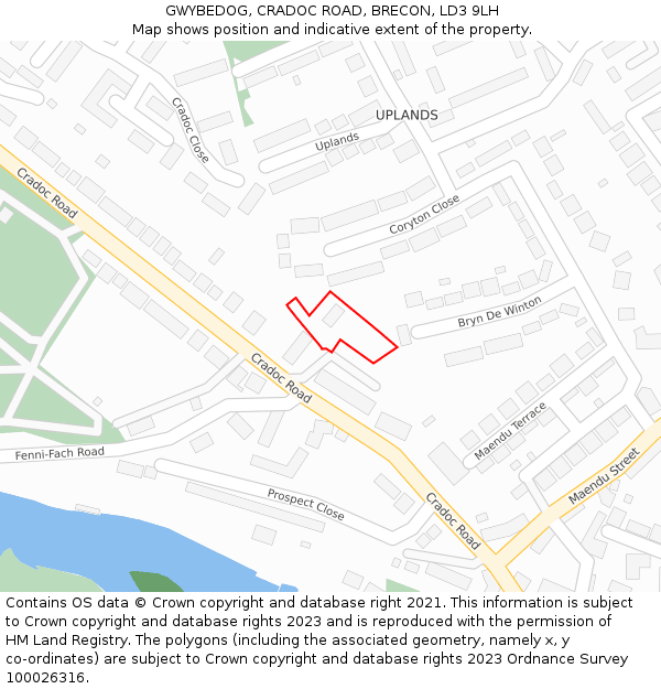 GWYBEDOG, CRADOC ROAD, BRECON, LD3 9LH: Location map and indicative extent of plot