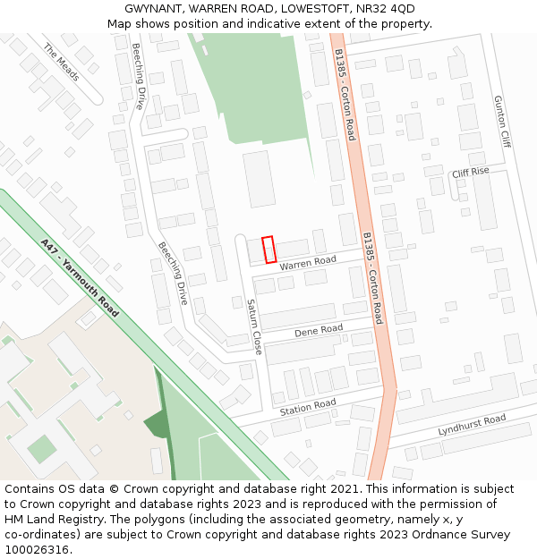 GWYNANT, WARREN ROAD, LOWESTOFT, NR32 4QD: Location map and indicative extent of plot