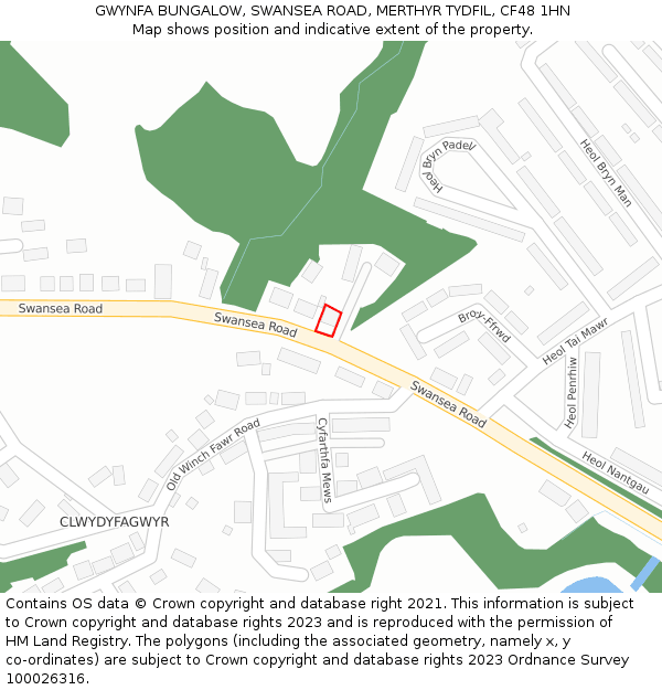 GWYNFA BUNGALOW, SWANSEA ROAD, MERTHYR TYDFIL, CF48 1HN: Location map and indicative extent of plot