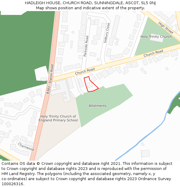 HADLEIGH HOUSE, CHURCH ROAD, SUNNINGDALE, ASCOT, SL5 0NJ: Location map and indicative extent of plot