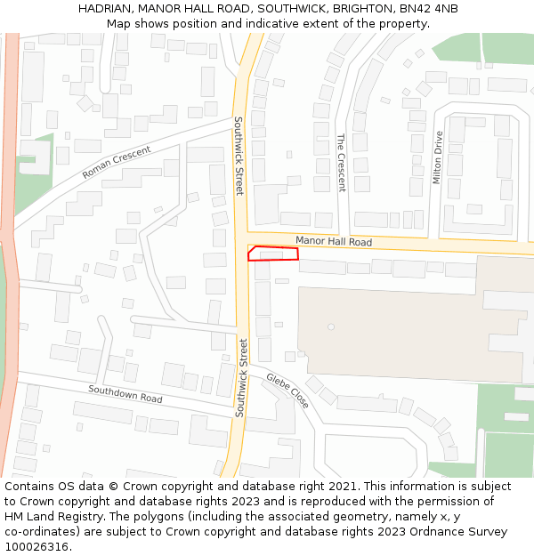 HADRIAN, MANOR HALL ROAD, SOUTHWICK, BRIGHTON, BN42 4NB: Location map and indicative extent of plot