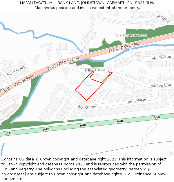 HAFAN DAWEL, MILLBANK LANE, JOHNSTOWN, CARMARTHEN, SA31 3HW: Location map and indicative extent of plot