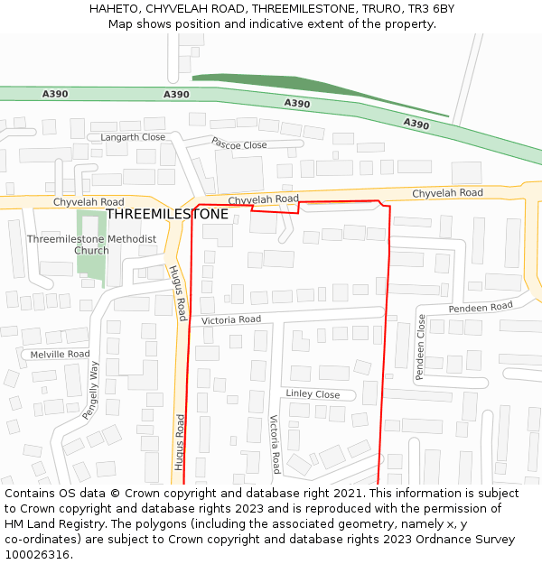HAHETO, CHYVELAH ROAD, THREEMILESTONE, TRURO, TR3 6BY: Location map and indicative extent of plot