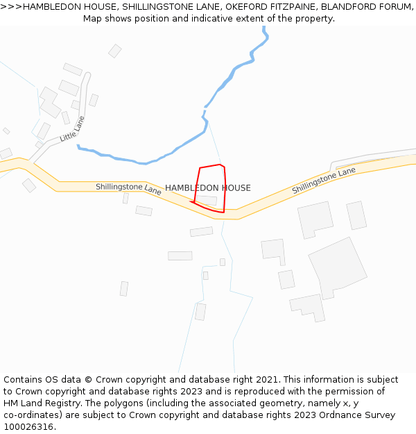HAMBLEDON HOUSE, SHILLINGSTONE LANE, OKEFORD FITZPAINE, BLANDFORD FORUM, DT11 0RB: Location map and indicative extent of plot