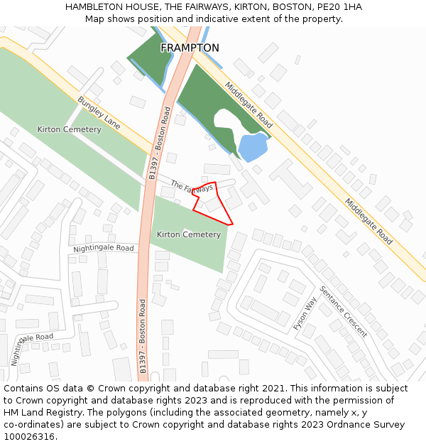 HAMBLETON HOUSE, THE FAIRWAYS, KIRTON, BOSTON, PE20 1HA: Location map and indicative extent of plot