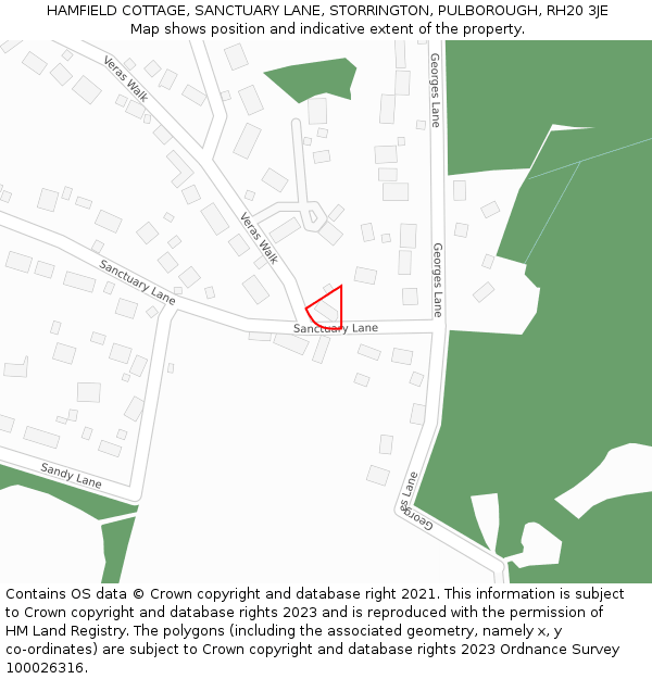 HAMFIELD COTTAGE, SANCTUARY LANE, STORRINGTON, PULBOROUGH, RH20 3JE: Location map and indicative extent of plot