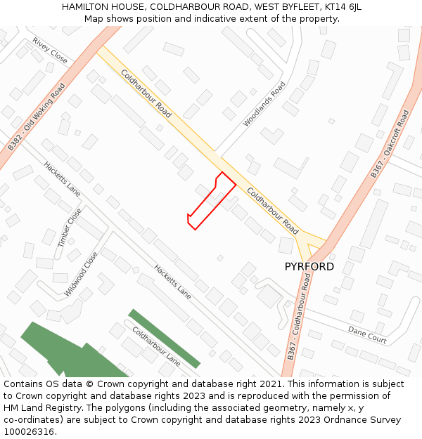 HAMILTON HOUSE, COLDHARBOUR ROAD, WEST BYFLEET, KT14 6JL: Location map and indicative extent of plot