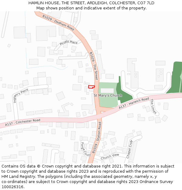 HAMLIN HOUSE, THE STREET, ARDLEIGH, COLCHESTER, CO7 7LD: Location map and indicative extent of plot