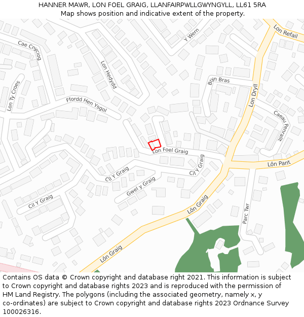 HANNER MAWR, LON FOEL GRAIG, LLANFAIRPWLLGWYNGYLL, LL61 5RA: Location map and indicative extent of plot