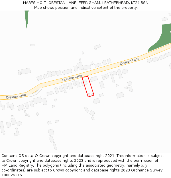 HARES HOLT, ORESTAN LANE, EFFINGHAM, LEATHERHEAD, KT24 5SN: Location map and indicative extent of plot