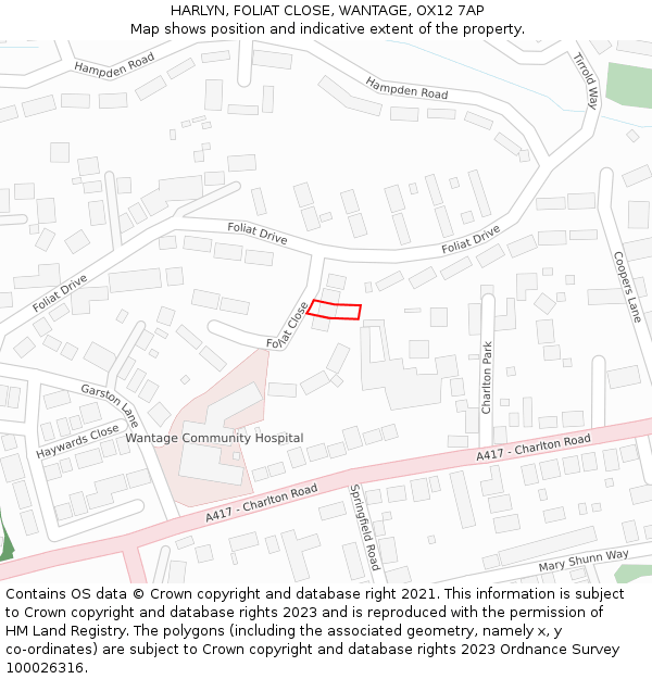 HARLYN, FOLIAT CLOSE, WANTAGE, OX12 7AP: Location map and indicative extent of plot