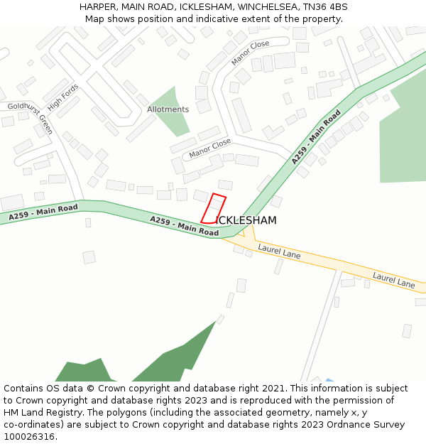 HARPER, MAIN ROAD, ICKLESHAM, WINCHELSEA, TN36 4BS: Location map and indicative extent of plot