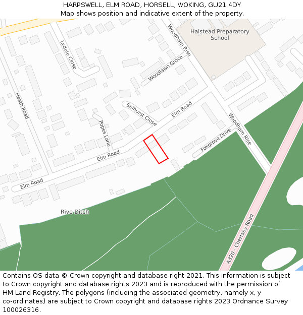 HARPSWELL, ELM ROAD, HORSELL, WOKING, GU21 4DY: Location map and indicative extent of plot