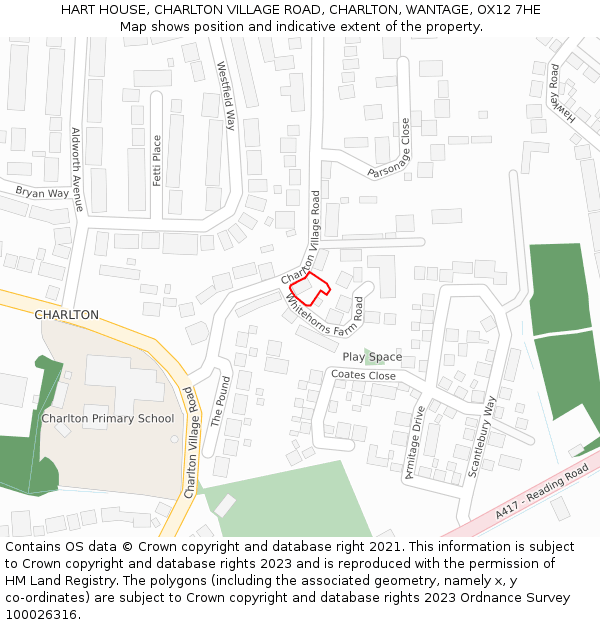 HART HOUSE, CHARLTON VILLAGE ROAD, CHARLTON, WANTAGE, OX12 7HE: Location map and indicative extent of plot