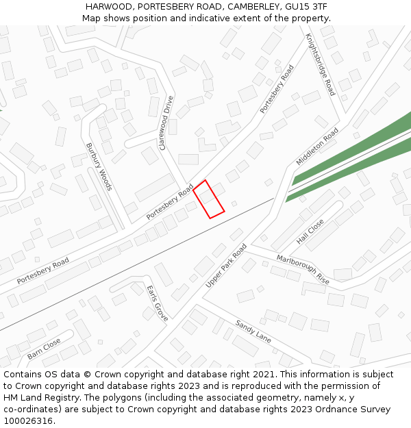 HARWOOD, PORTESBERY ROAD, CAMBERLEY, GU15 3TF: Location map and indicative extent of plot