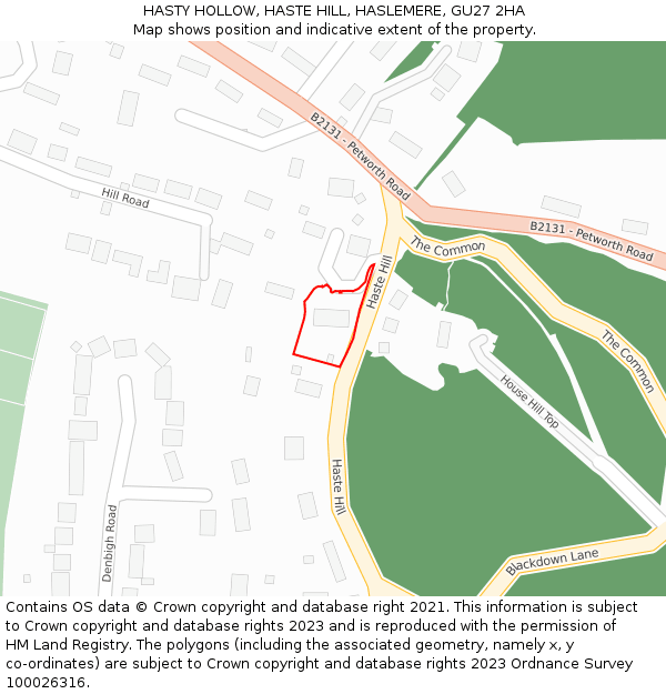 HASTY HOLLOW, HASTE HILL, HASLEMERE, GU27 2HA: Location map and indicative extent of plot