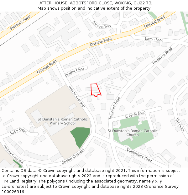 HATTER HOUSE, ABBOTSFORD CLOSE, WOKING, GU22 7BJ: Location map and indicative extent of plot