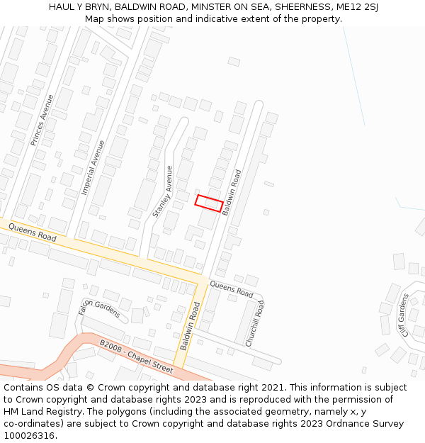 HAUL Y BRYN, BALDWIN ROAD, MINSTER ON SEA, SHEERNESS, ME12 2SJ: Location map and indicative extent of plot