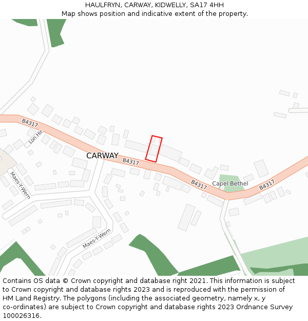 HAULFRYN, CARWAY, KIDWELLY, SA17 4HH: Location map and indicative extent of plot